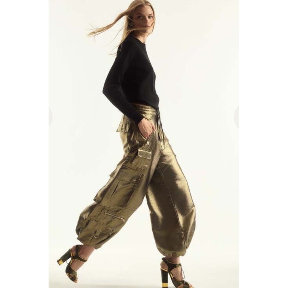 Cynthia Crowley Pant Metallic Green Gargo Pants Size Xs (10-b67)